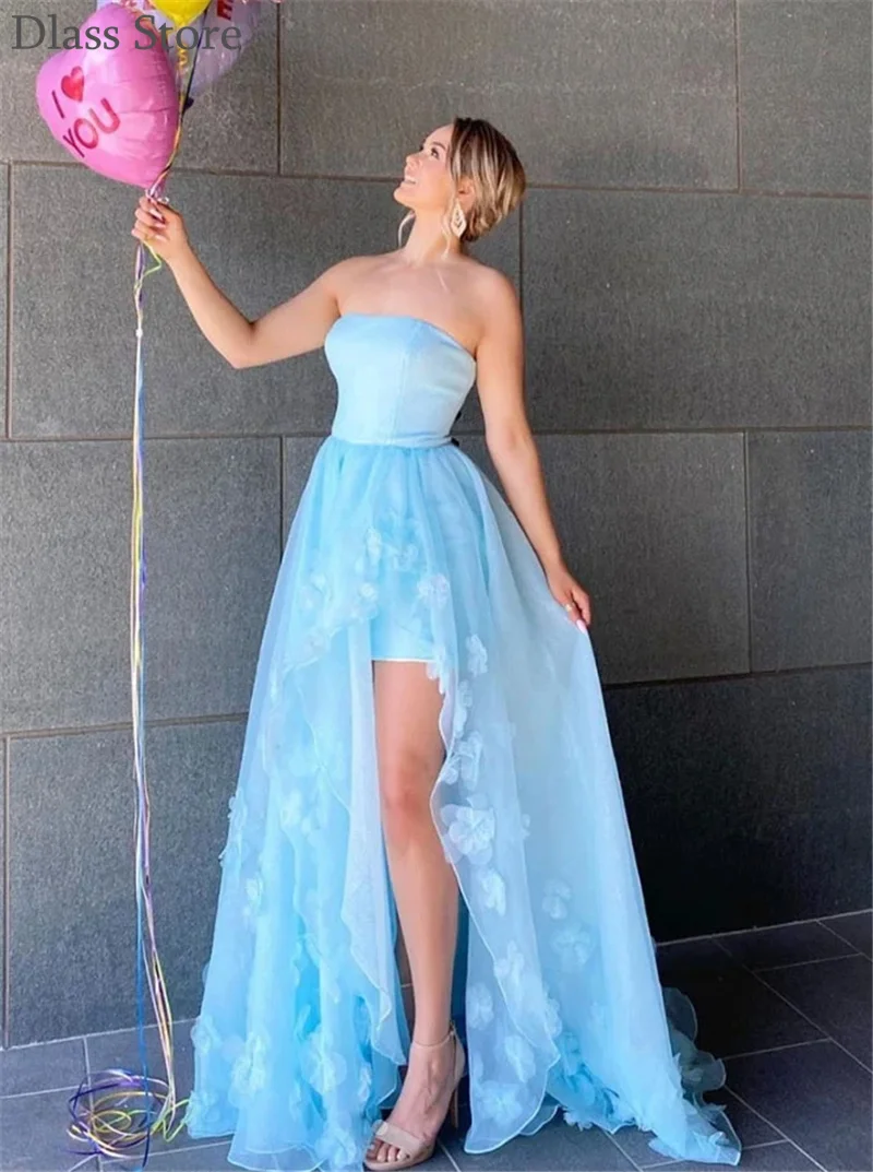 

Sky Blue Prom Dresses 2020 New Tulle Flowers Split Strapless Simple Dance Party Dress Evening Dresses
